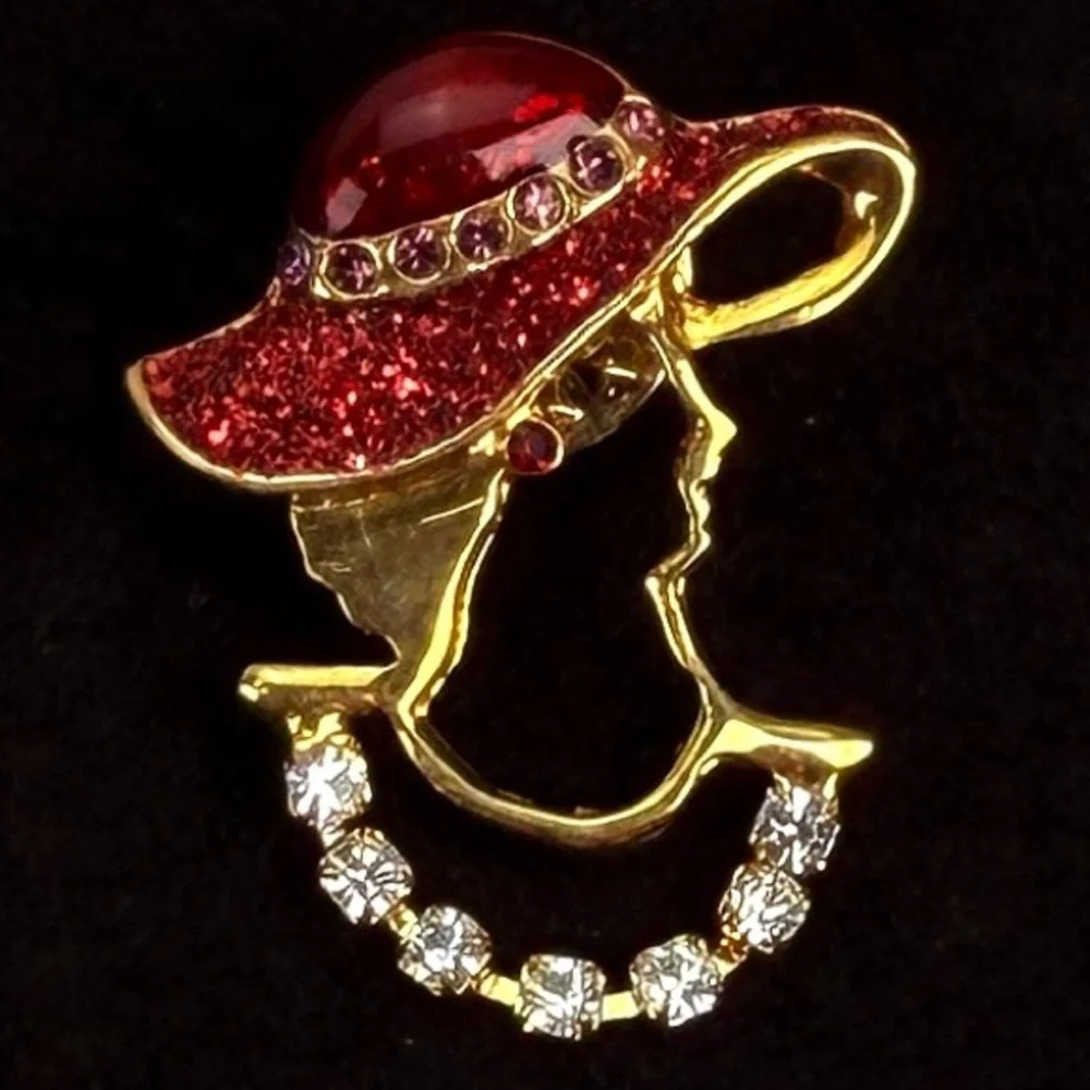 Vintage, goldtone, red bling, lady, in hat, brooch pin